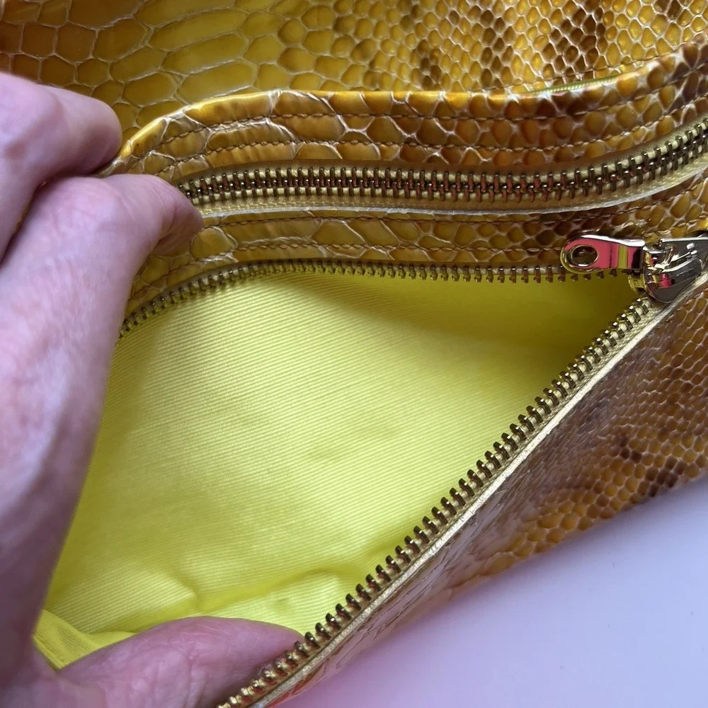 ABAS Snakeskin Embossed Yellow Brown Bag Clutch Purse